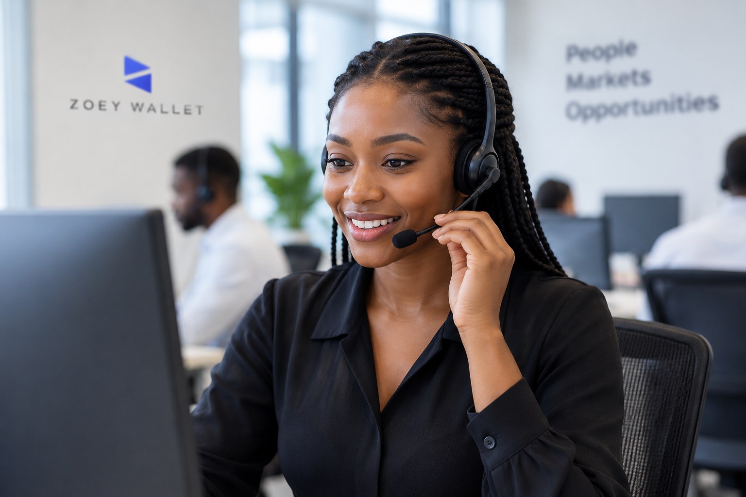 A Zoey Wallet support team member wearing a headset at the Zoey Wallet office, with the Zoey Wallet logo and the words People, Markets, Opportunities on the wall behind her.